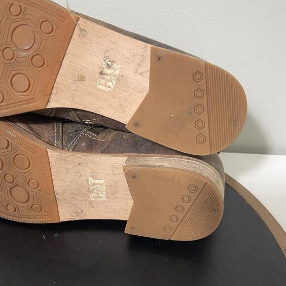 CAT Mazzy Mid Cut Slip On Ankle Boots Rugged Brown Leather Biker Bootie Women 10 - Picture 9 of 12